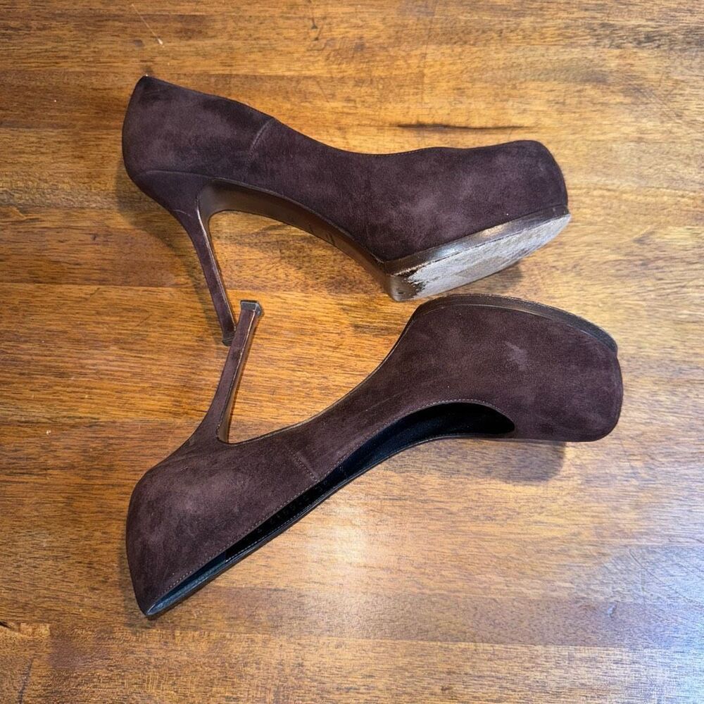 Saint Laurent Brown Suede Tribtoo Pumps - Picture 4 of 9